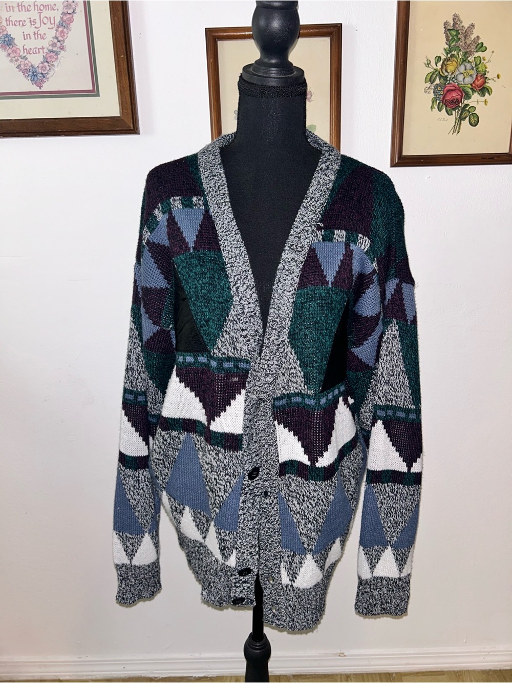 Pact Men's Geometric Colorblock Cardigan in Green, Blue, Black & White